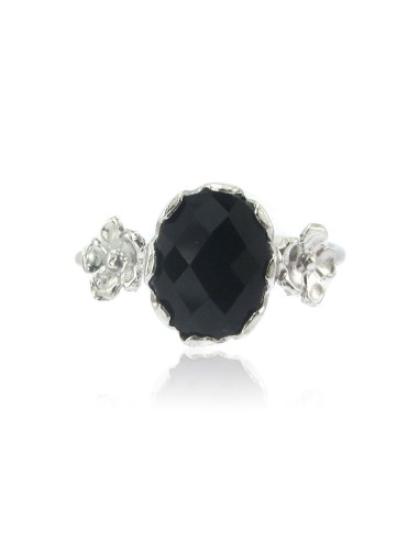 MRIO Classic Silver Adjustable Ring with Black Stone and Flowers