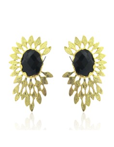 MRIO Inca Feather Earrings Silver Gold Black Stone