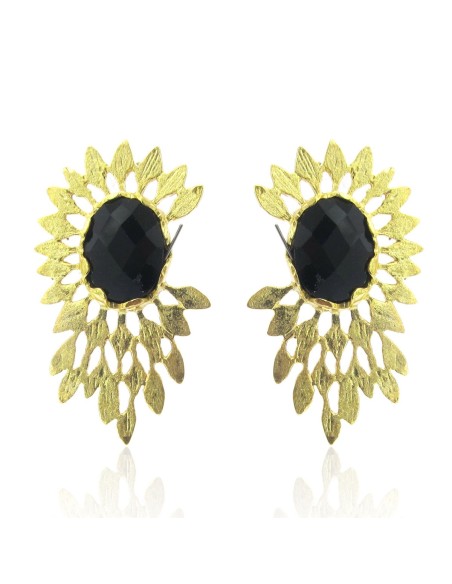 MRIO Inca Feather Earrings Silver Gold Black Stone MRIO Inca Feather Earrings Silver Gold Black Stone
