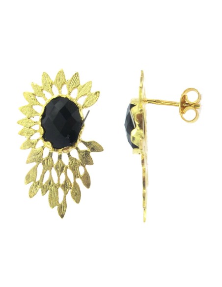 MRIO Inca Feather Earrings Silver Gold Black Stone MRIO Inca Feather Earrings Silver Gold Black Stone