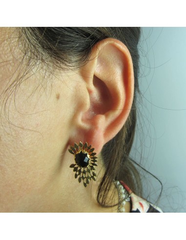 MRIO Inca Feather Earrings Silver Gold Black Stone