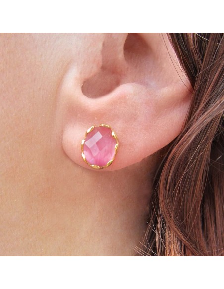 MRIO Classic Earrings Silver Gold Pink Stone MRIO Classic Earrings Silver Gold Pink Stone