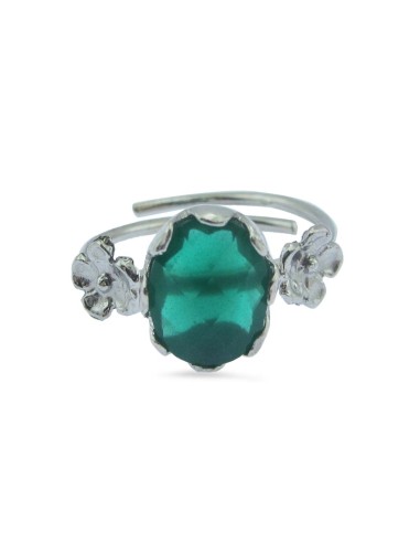 MRIO Classic Adjustable Ring Silver Green Stone and Flowers