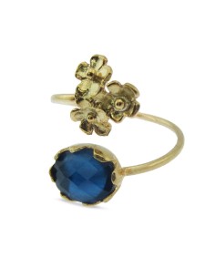 MRIO Classic Adjustable Ring Gold Plated Silver Blue Stone and 3 Flowers 2