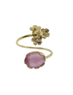 MRIO Classic Adjustable Ring Silver Gold Pink Stone and 3 Flowers